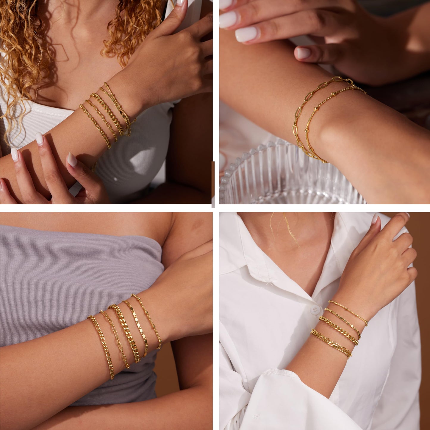 Gold Bracelets for Women Trendy,14K Real Gold Plated Dainty Stackable Paperclip Cuban Link Chain Bracelets,Cuff Bracelets Jewelry Set Adjustable 7"+2"
