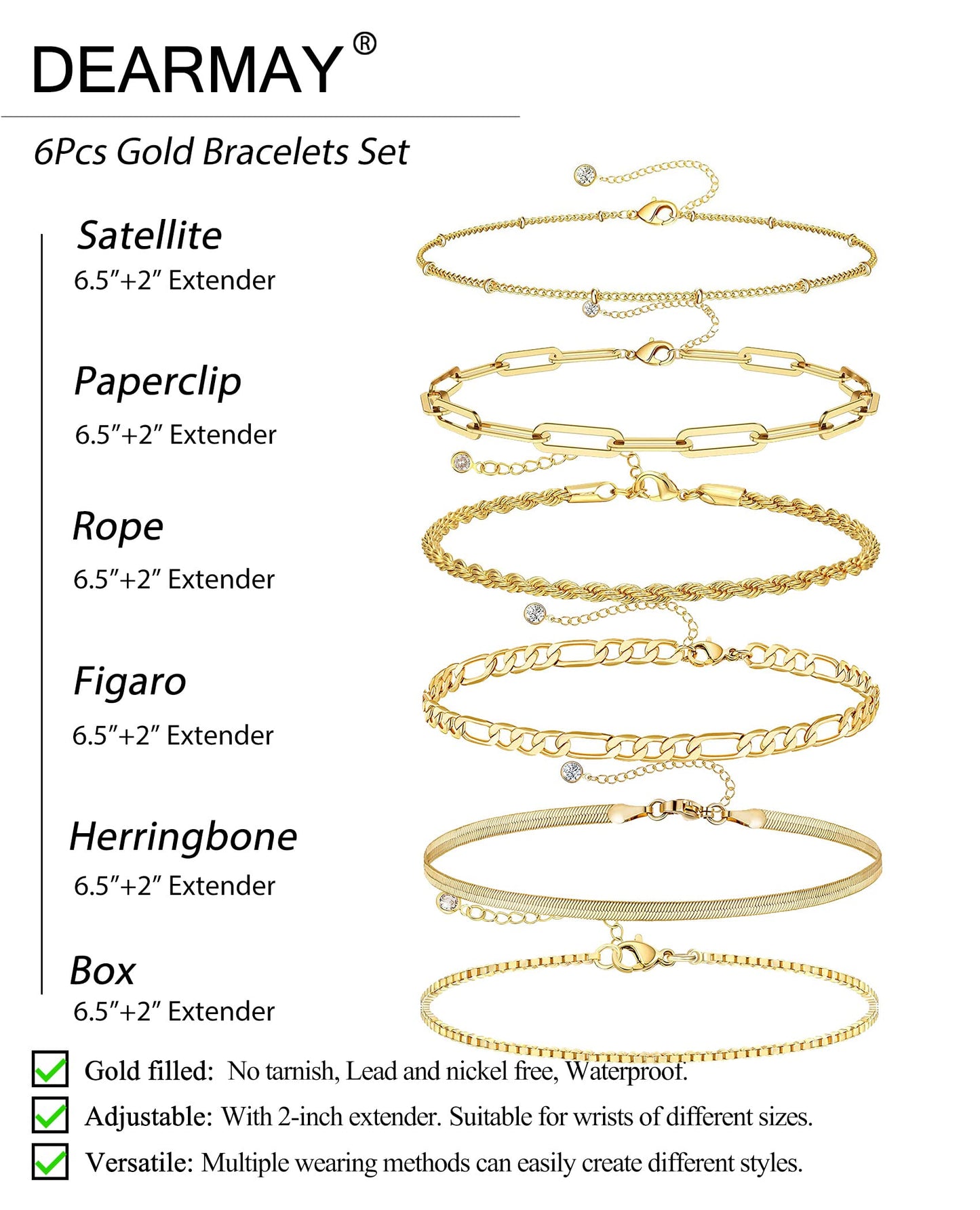DEARMAY Gold Bracelets for Women Waterproof, 14K Real Gold Jewelry Sets Trendy Thin Dainty Stackable Cuban Link Paperclip Chain Bracelet Pack Fashion Accessories Gifts for Womens