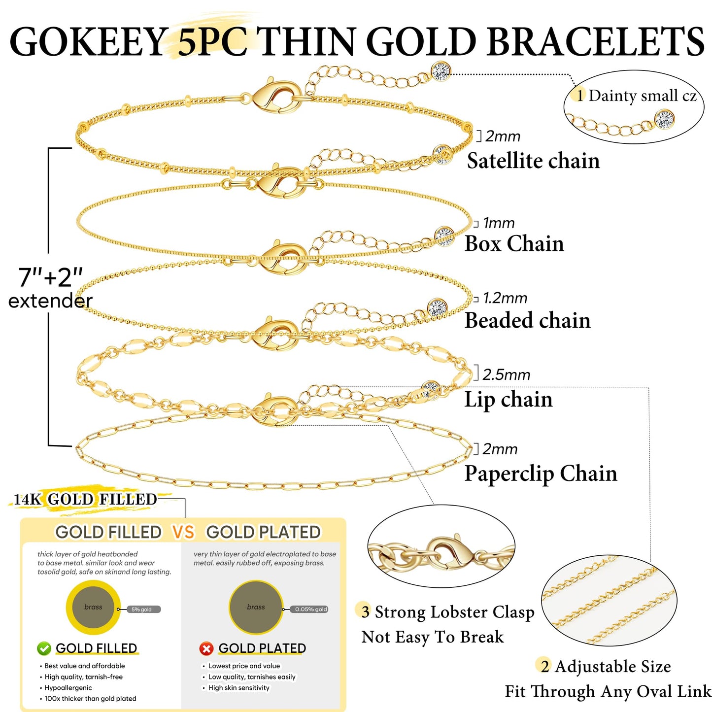 Gold Bracelets for Women Trendy,14K Real Gold Plated Dainty Stackable Paperclip Cuban Link Chain Bracelets,Cuff Bracelets Jewelry Set Adjustable 7"+2"