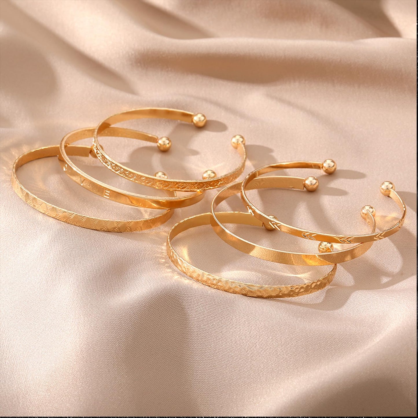 IFKM Gold Bangle Bracelets For Women, 14k Gold Plated Multi Layer Stackable Cuff Bracelet Set, Trendy Elegance Charms Non Tarnish Minimalist Textured Boho Jewelry Gift for Women