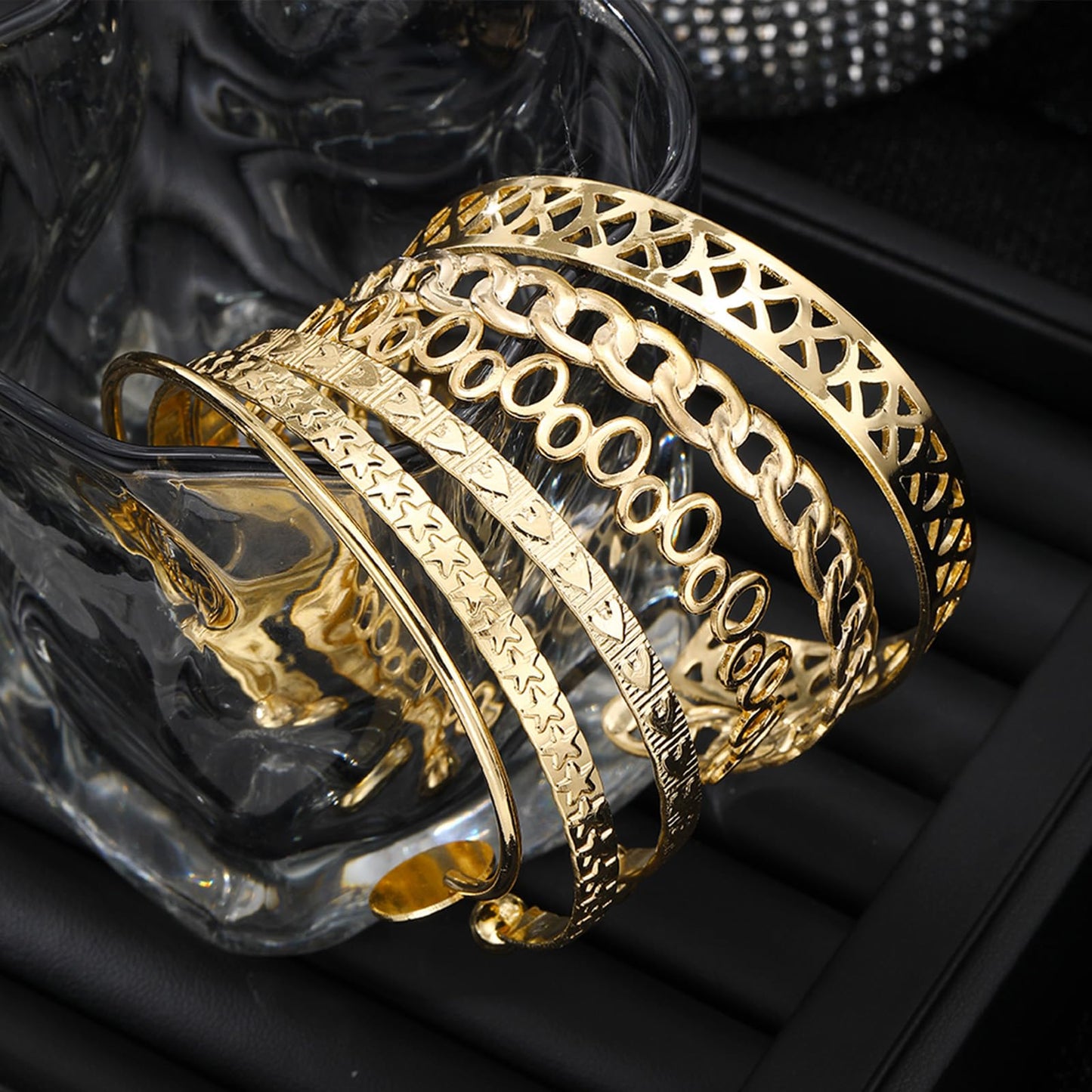 IFKM Gold Bangle Bracelets For Women, 14k Gold Plated Multi Layer Stackable Cuff Bracelet Set, Trendy Elegance Charms Non Tarnish Minimalist Textured Boho Jewelry Gift for Women