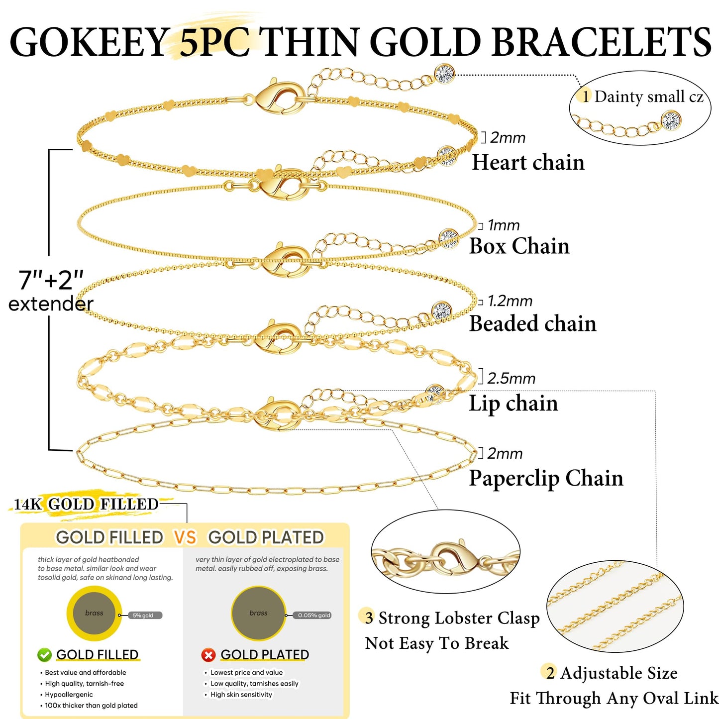 Gold Bracelets for Women Trendy,14K Real Gold Plated Dainty Stackable Paperclip Cuban Link Chain Bracelets,Cuff Bracelets Jewelry Set Adjustable 7"+2"