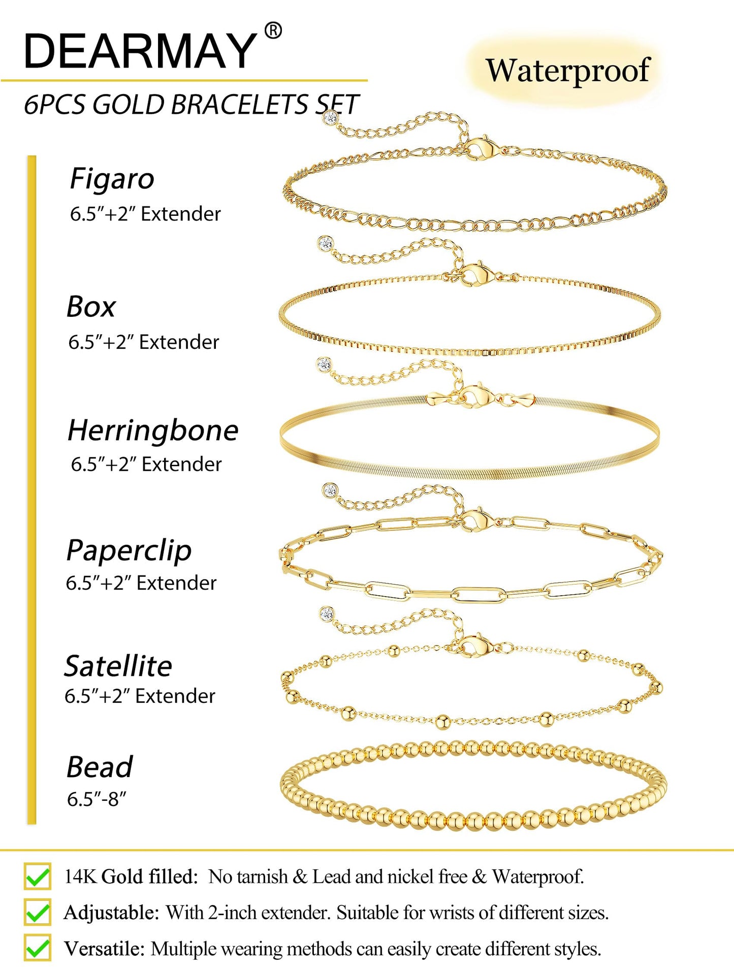 DEARMAY Gold Bracelets for Women Waterproof, 14K Real Gold Jewelry Sets Trendy Thin Dainty Stackable Cuban Link Paperclip Chain Bracelet Pack Fashion Accessories Gifts for Womens