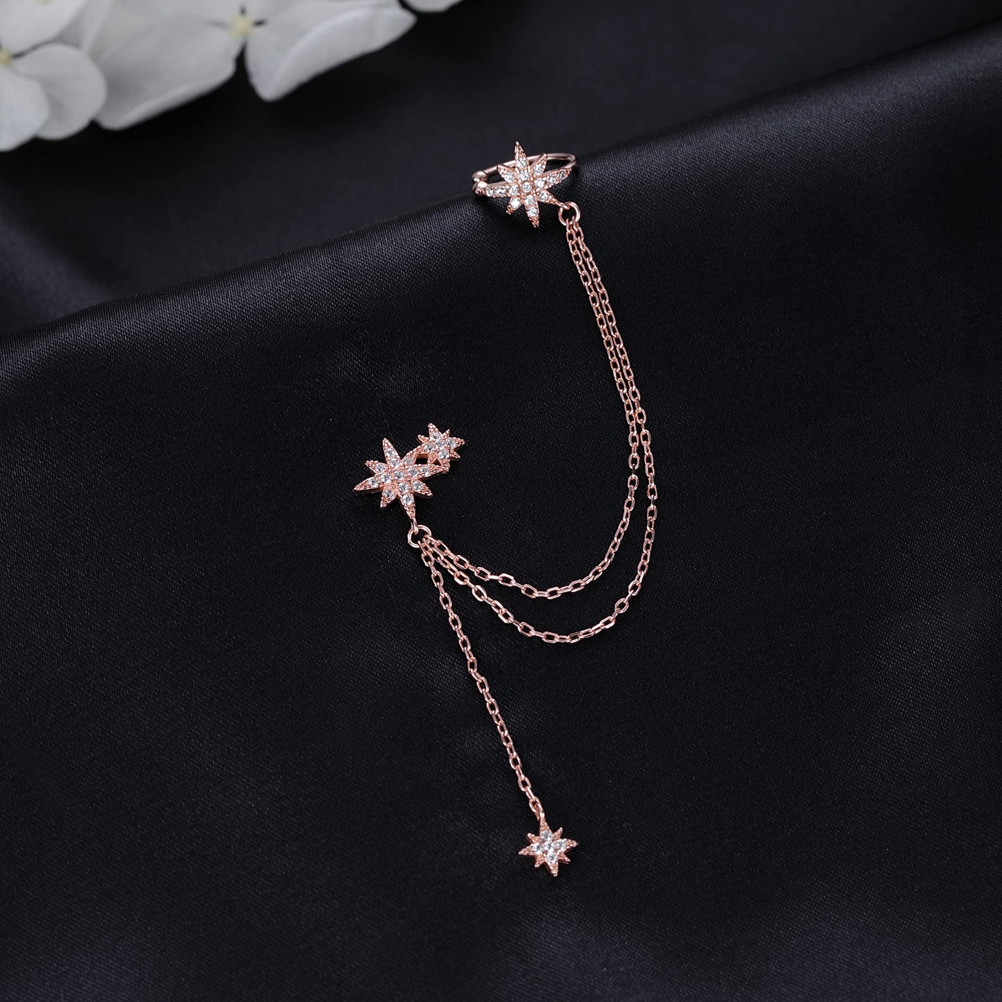SLUYNZ 925 Sterling Silver Fashion Star Cuff Earring Chain for Women Star Crawler Earring Wrap Earrings